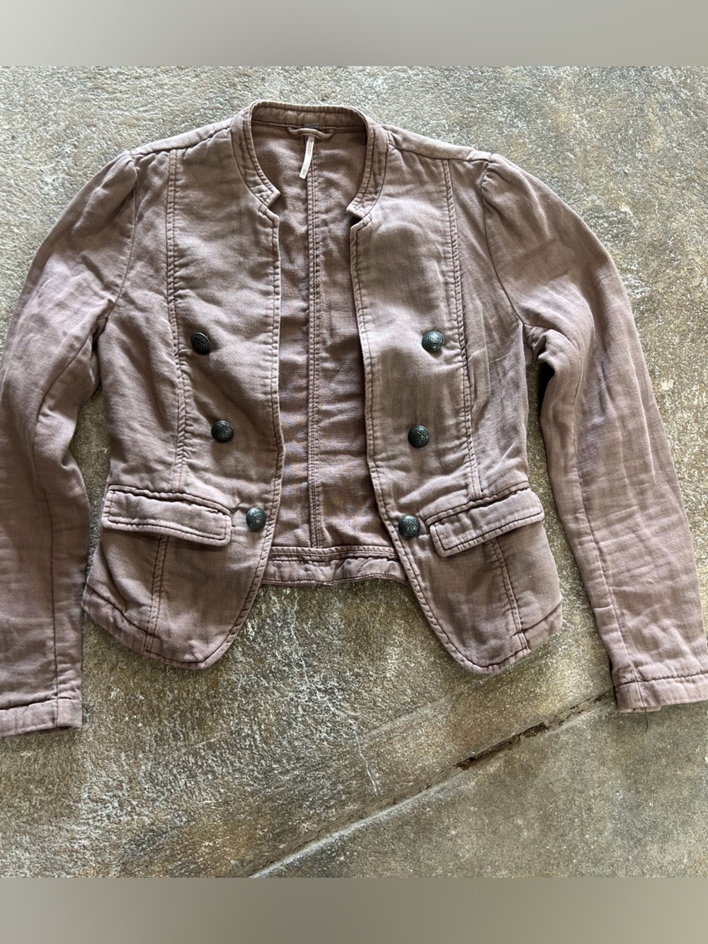 Free People Women’s Double-Breasted Cropped Jacket Taupe Tan Military Vintage